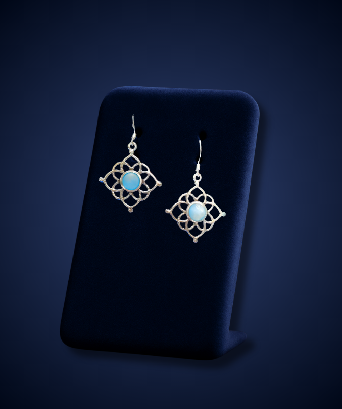 Silver Lotus Floral Earrings with Sky Blue Gemstone