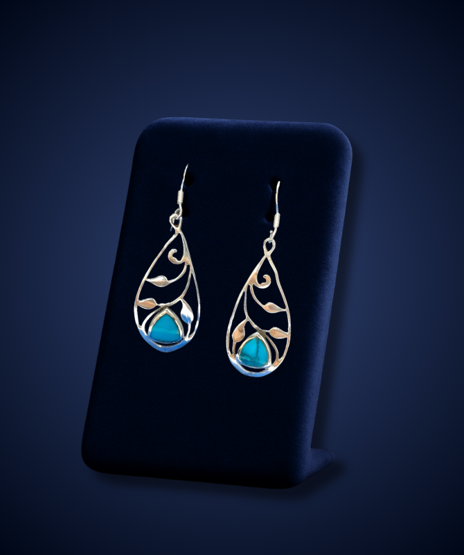 Silver Leaf Vine Drop Earrings with Blue Turquoise Stone