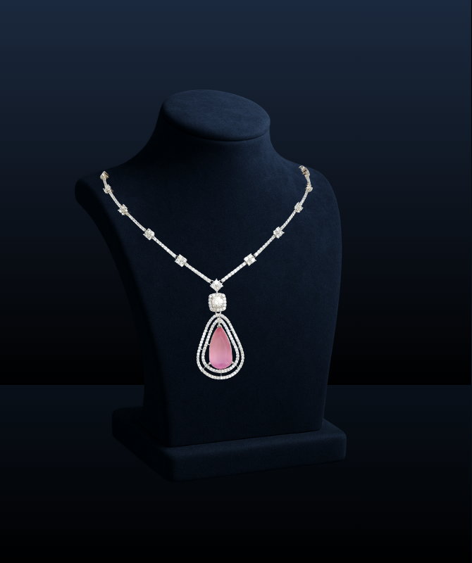 Silver Necklace with Pink Teardrop Gemstone Pendant